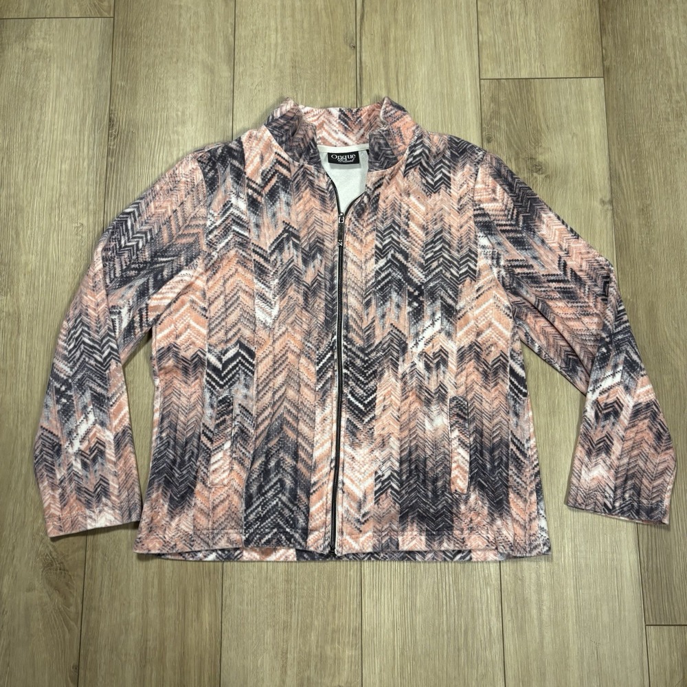 Onque Casual Womens Full Zip Pink & Gray Fleece Jacket XL Lightweight